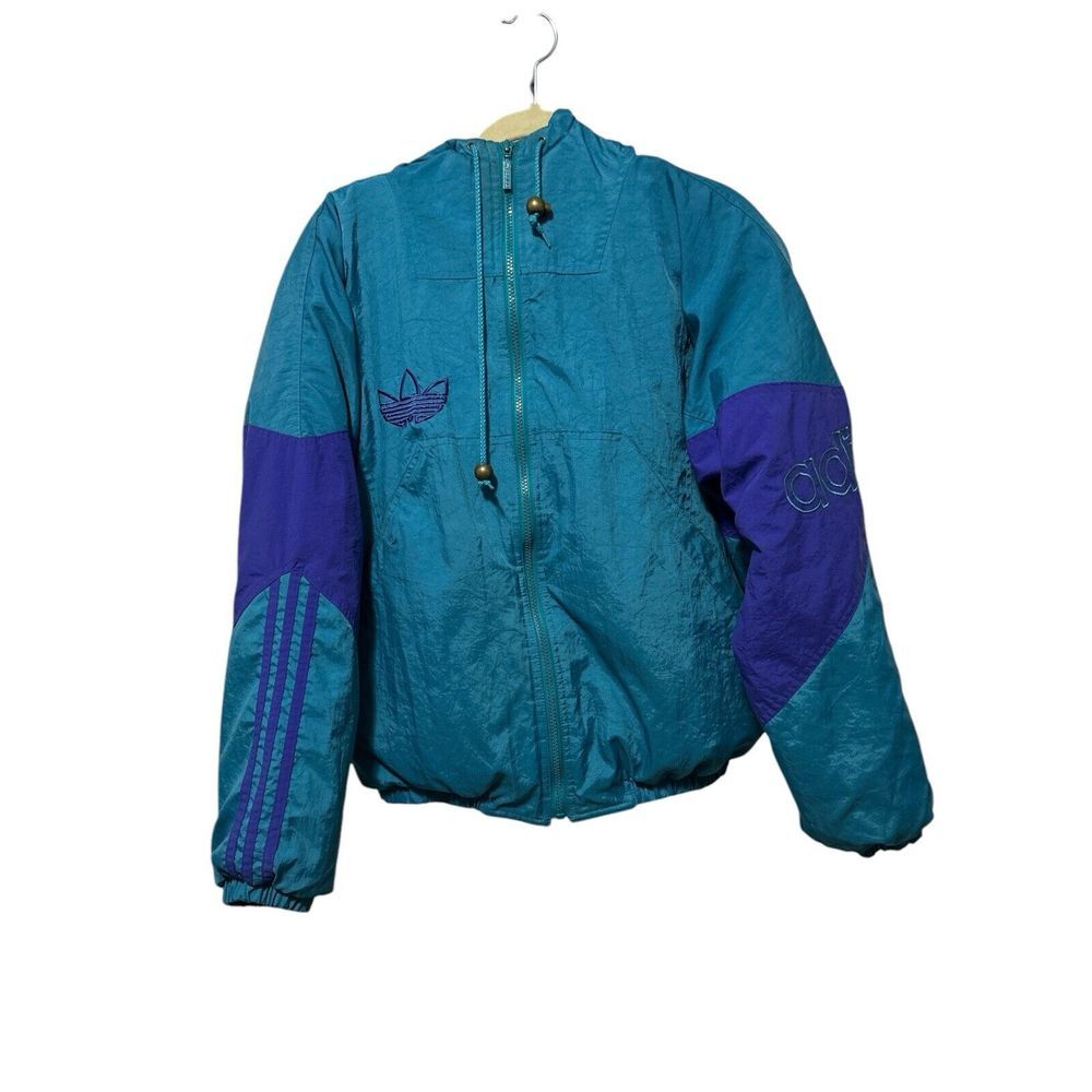 Vintage 90s ADIDAS‎ Big Logo Puffer Jacket M Hooded Teal/Blue Full Zip Y2K